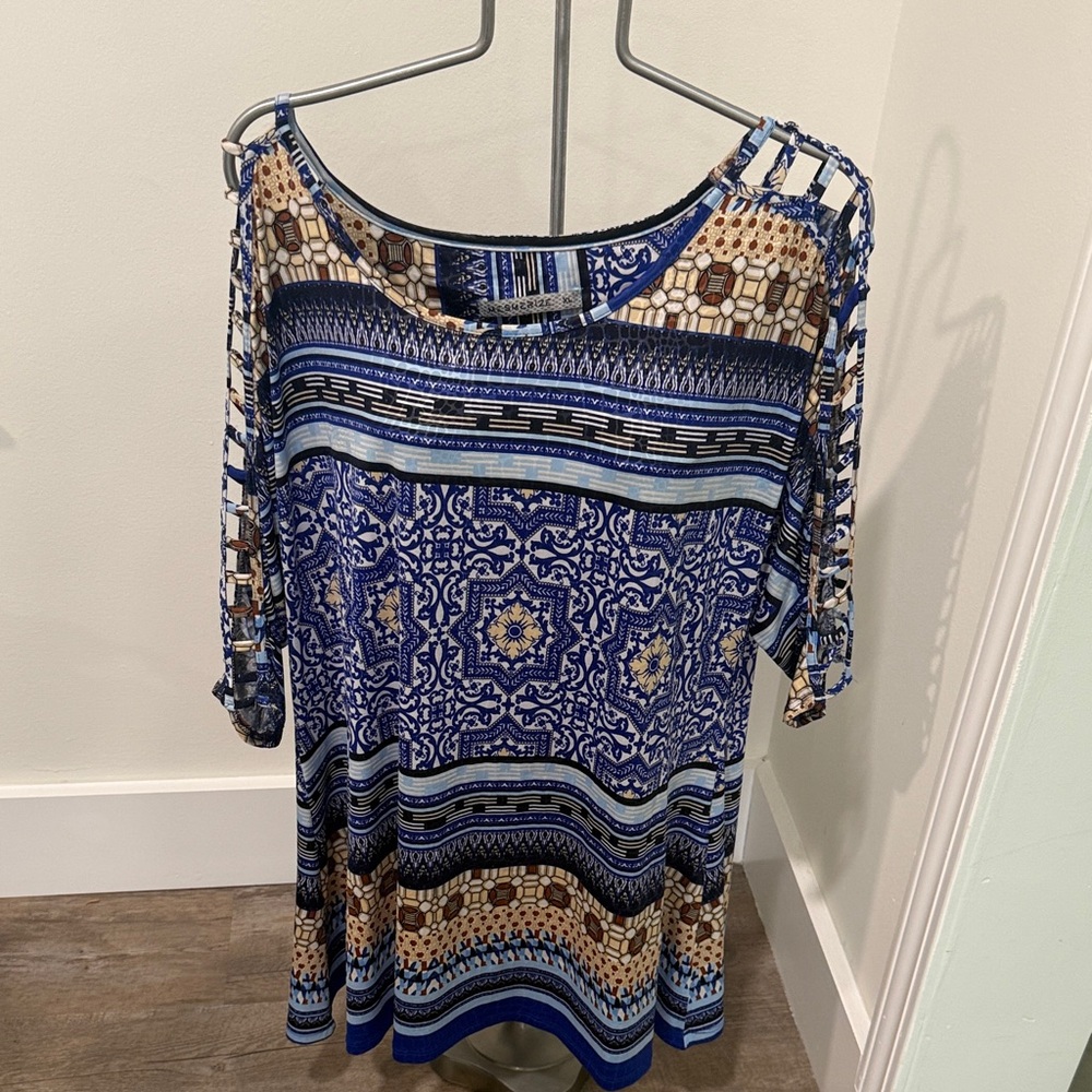 Blue and Brown Patterned Women's Blouse